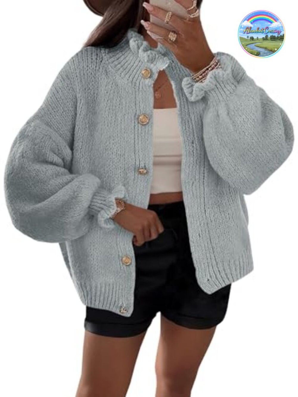 Oversized Ribbed Knit Ruffle Button Up Cardigan Loose Fit Long Sleeve